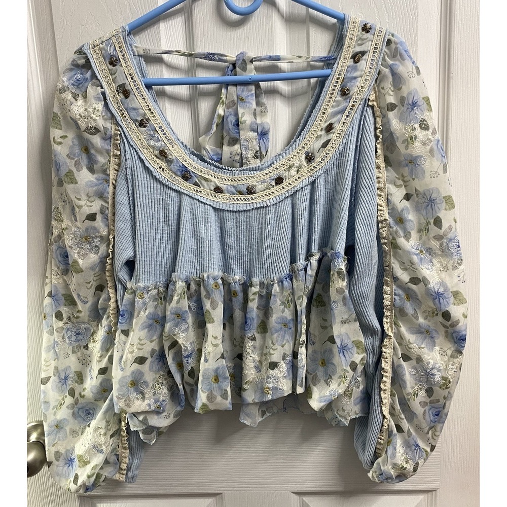 POL Women Boho Top Blue & White Patchwork Floral Peasant Ruffled Shirt S-L